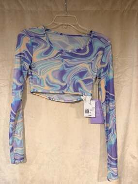 Forever 21 Mermaid Marble Print Mesh Long Sleeve Crop Top Swim Cover-Up S